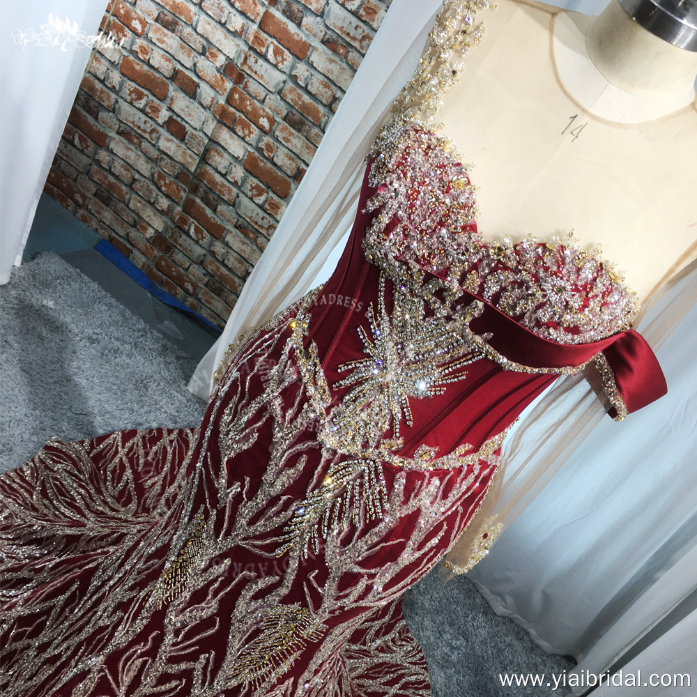Gorgeous Mermaid Style Luxury Sparkly Red Satin Gold Beading Wedding Reception Dress RSE964 Black Girls Prom Party Formal Dresses 10