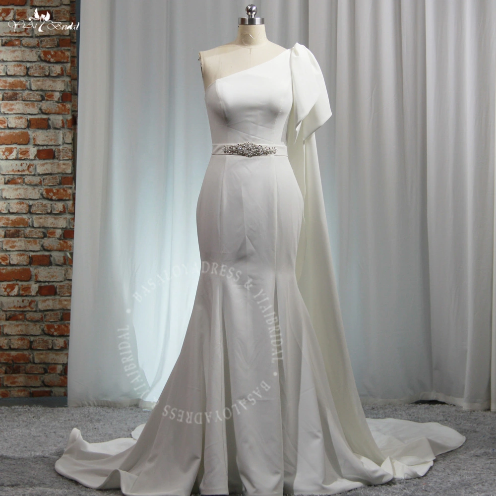 RSW1949 Simple Elegant One Shoulder Ivory Crepe Wedding Dress Mermaid Sleeveless Plain Bridal Gowns With Long Ribbon Sha 1