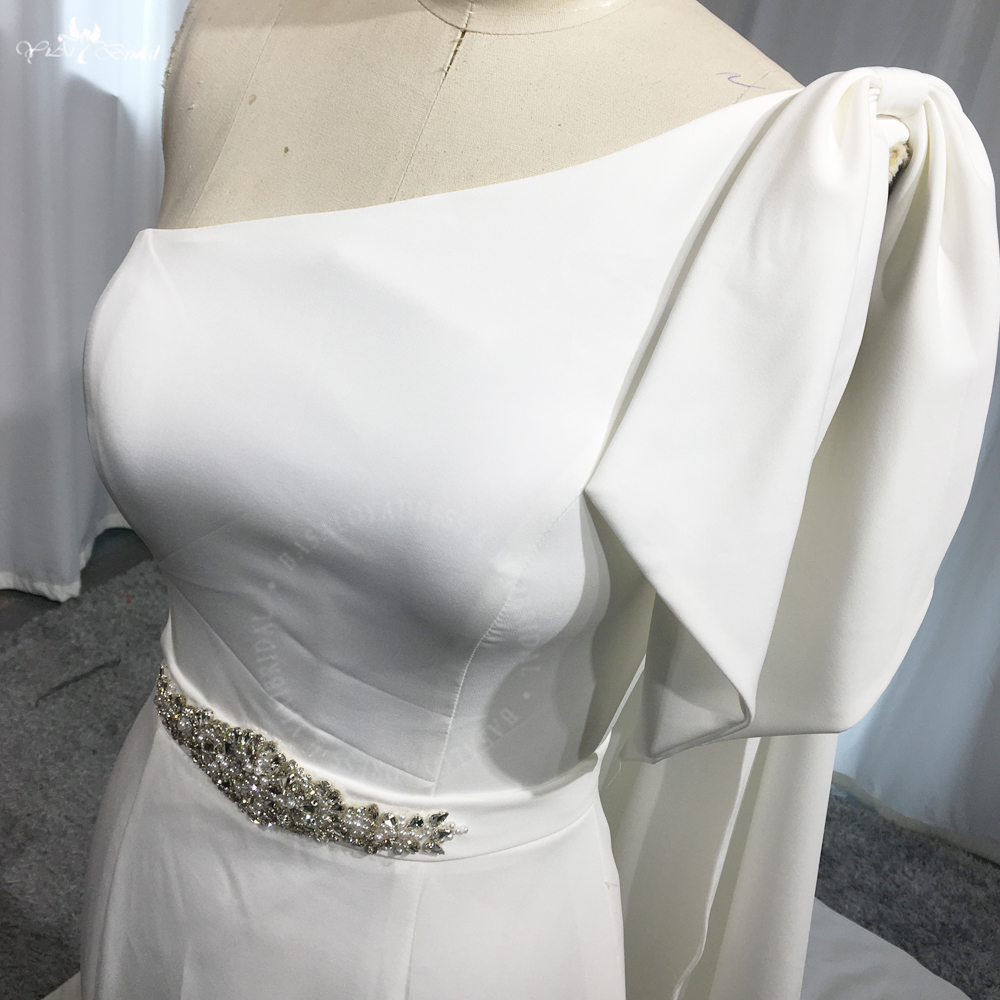 RSW1949 Simple Elegant One Shoulder Ivory Crepe Wedding Dress Mermaid Sleeveless Plain Bridal Gowns With Long Ribbon Sha 8