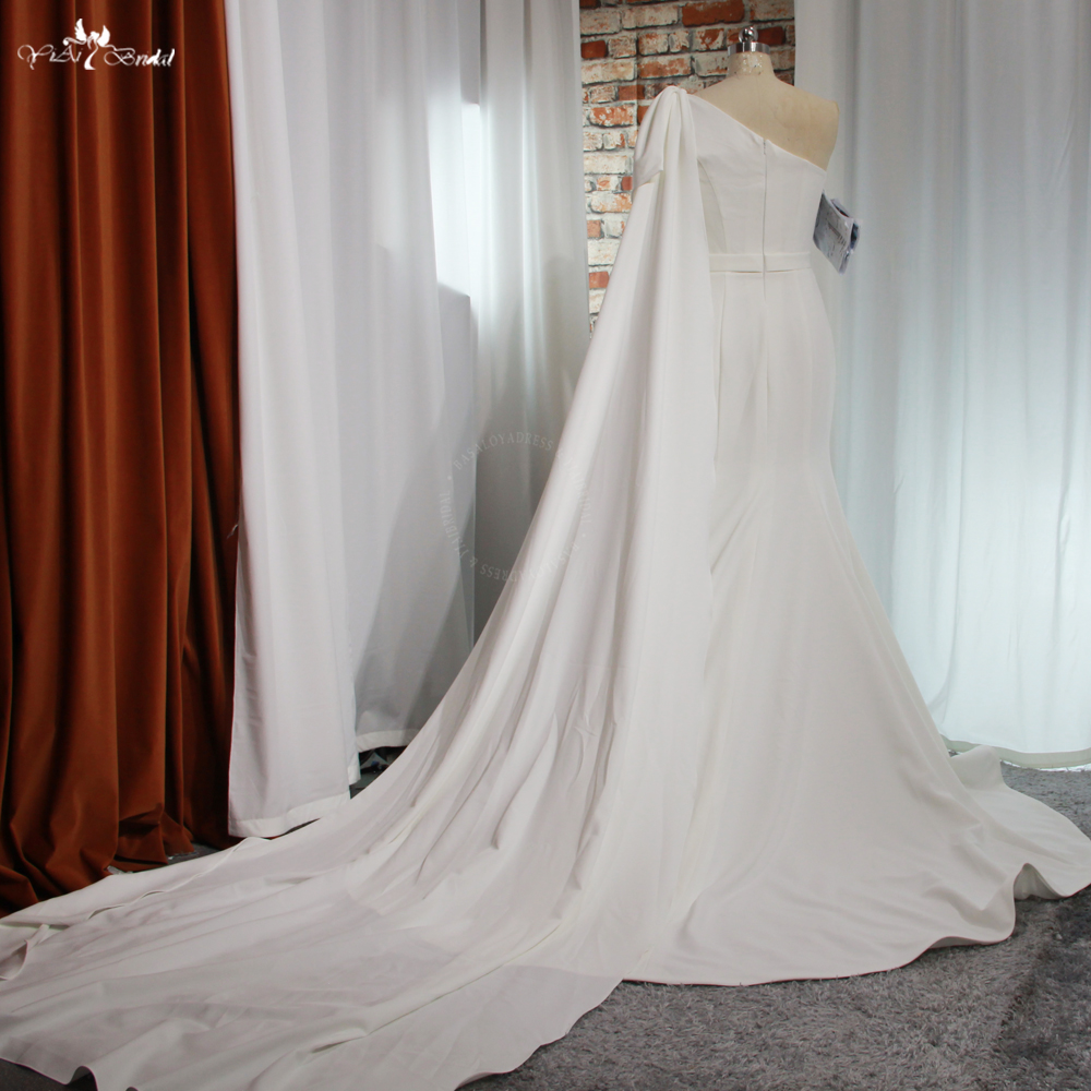 RSW1949 Simple Elegant One Shoulder Ivory Crepe Wedding Dress Mermaid Sleeveless Plain Bridal Gowns With Long Ribbon Sha 7