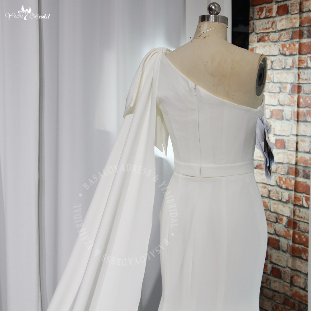 RSW1949 Simple Elegant One Shoulder Ivory Crepe Wedding Dress Mermaid Sleeveless Plain Bridal Gowns With Long Ribbon Sha 9