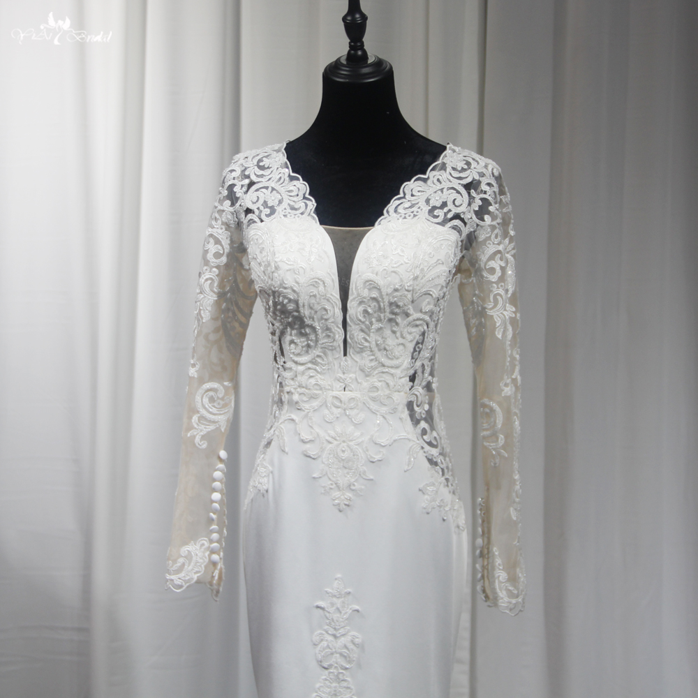 RSW2045 Classics V Neck Long Sleeve Backless Mermaid Wedding Dress Ivory Soft Satin Lace Train Luxury Bead Bridal Dress 9