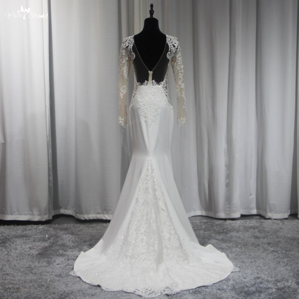 RSW2045 Classics V Neck Long Sleeve Backless Mermaid Wedding Dress Ivory Soft Satin Lace Train Luxury Bead Bridal Dress 8