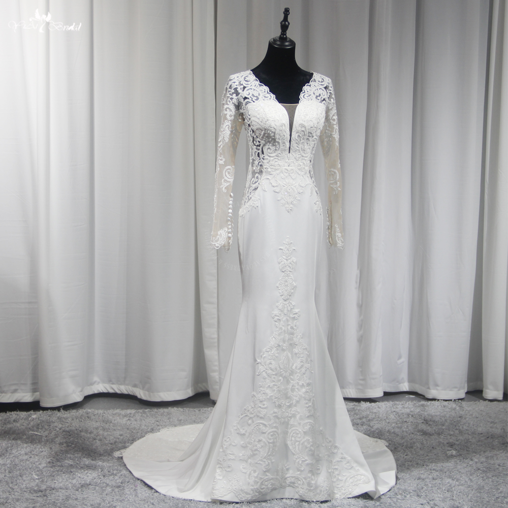 RSW2045 Classics V Neck Long Sleeve Backless Mermaid Wedding Dress Ivory Soft Satin Lace Train Luxury Bead Bridal Dress 6