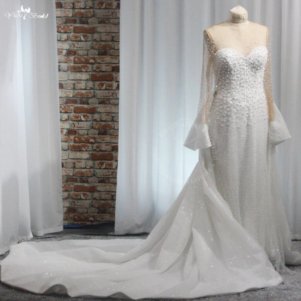 RSW2003 Luxury Pearl Beading Long Sleeve Vintage Royal Bones Top O-Neck Mermaid Wedding Dresses With Detachable Train 1