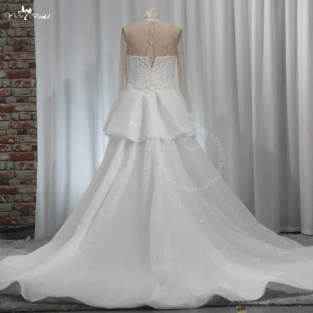 RSW2003 Luxury Pearl Beading Long Sleeve Vintage Royal Bones Top O-Neck Mermaid Wedding Dresses With Detachable Train 8