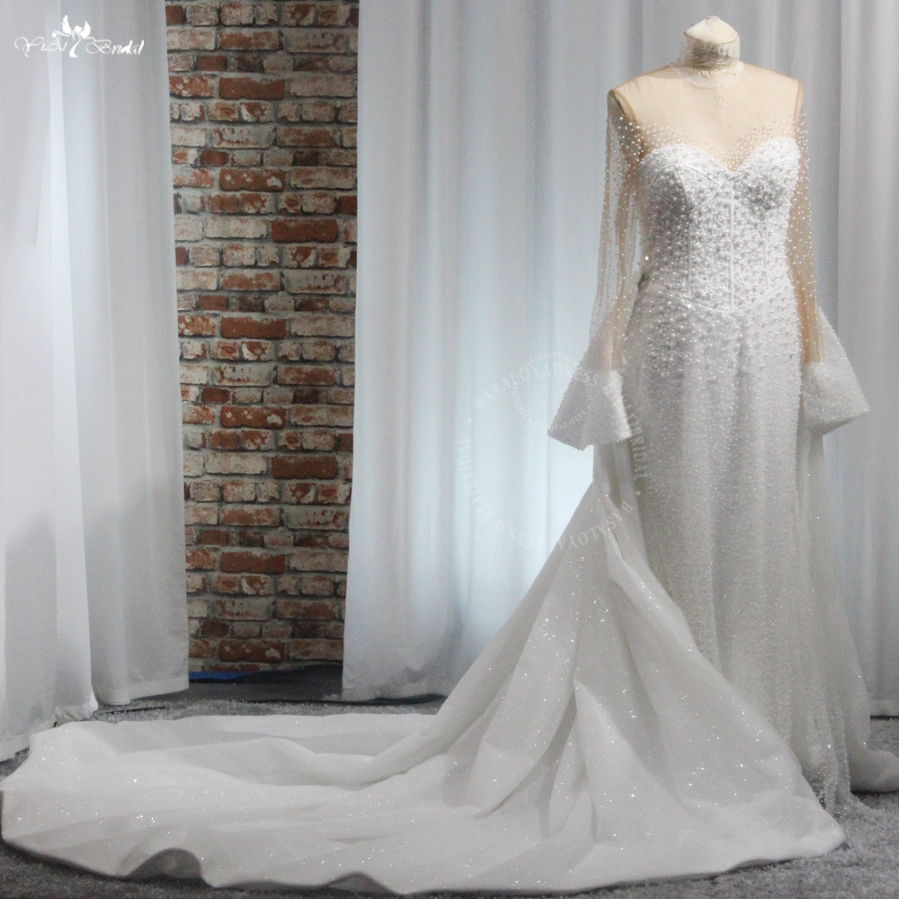 RSW2003 Luxury Pearl Beading Long Sleeve Vintage Royal Bones Top O-Neck Mermaid Wedding Dresses With Detachable Train 7
