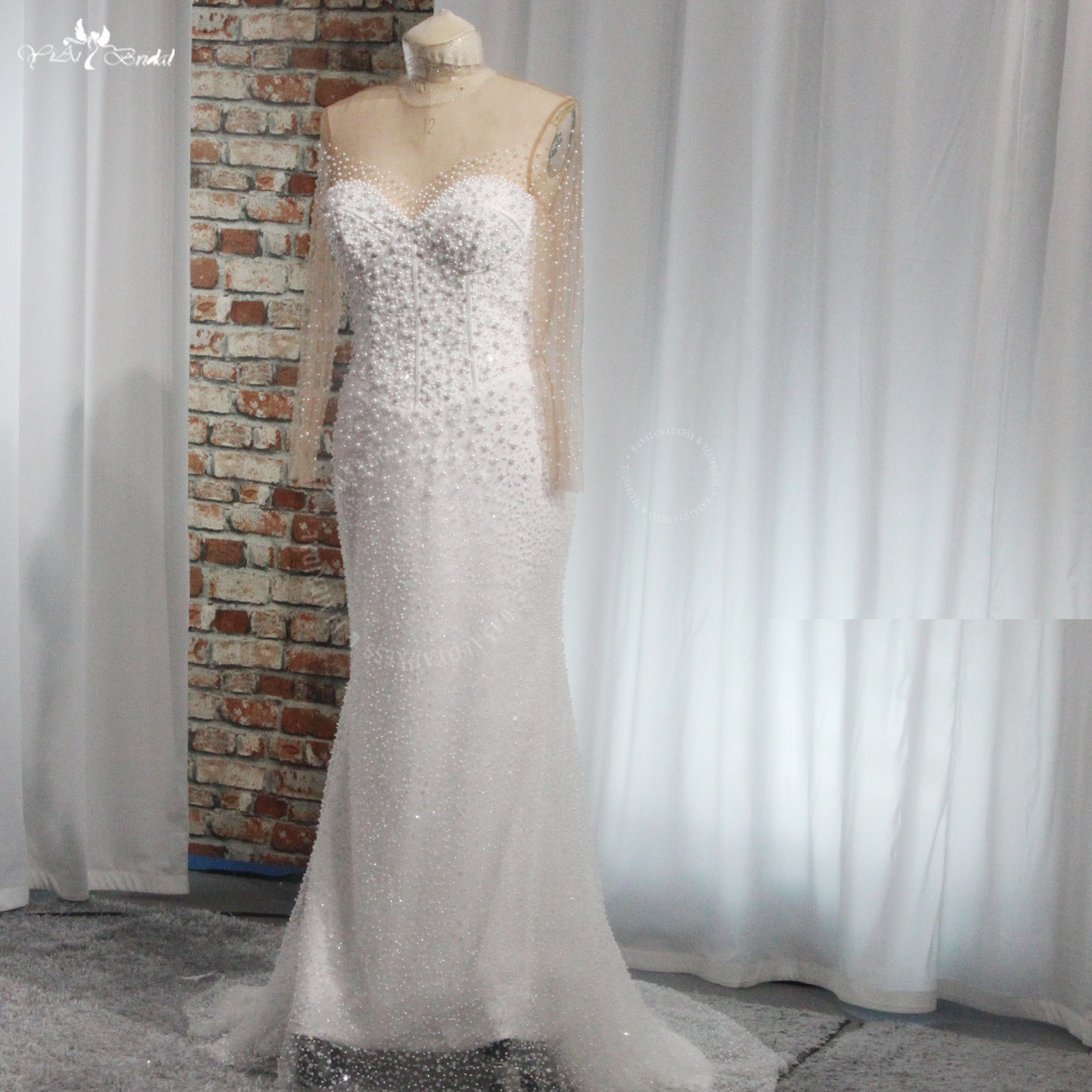 RSW2003 Luxury Pearl Beading Long Sleeve Vintage Royal Bones Top O-Neck Mermaid Wedding Dresses With Detachable Train 9