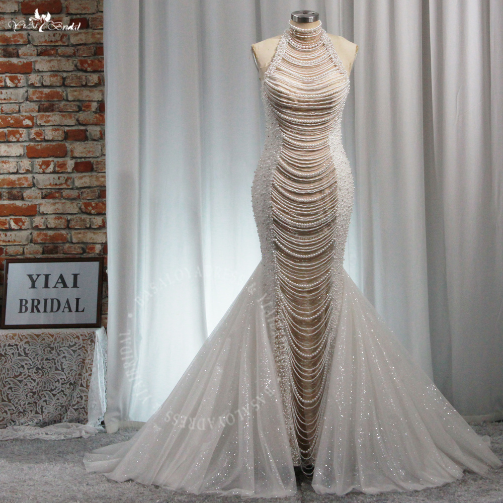 RSW1947 Luxurious Heavy Beaded Bridal Gowns Pearls Tassel Long Mermaid Wedding Dresses See Through Bride Dress Vestido D 8