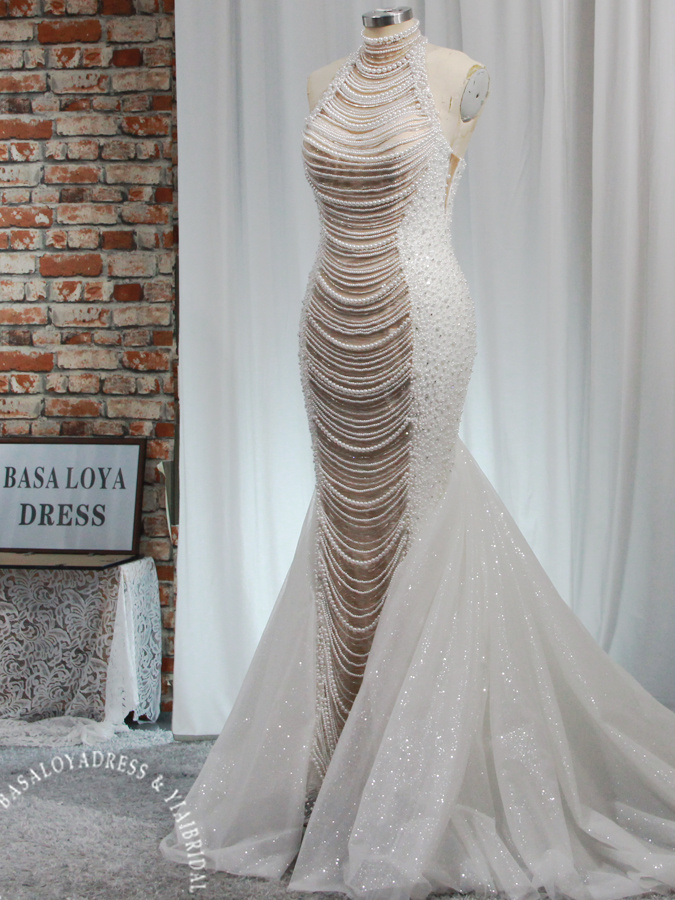 RSW1947 Luxurious Heavy Beaded Bridal Gowns Pearls Tassel Long Mermaid Wedding Dresses See Through Bride Dress Vestido D 9