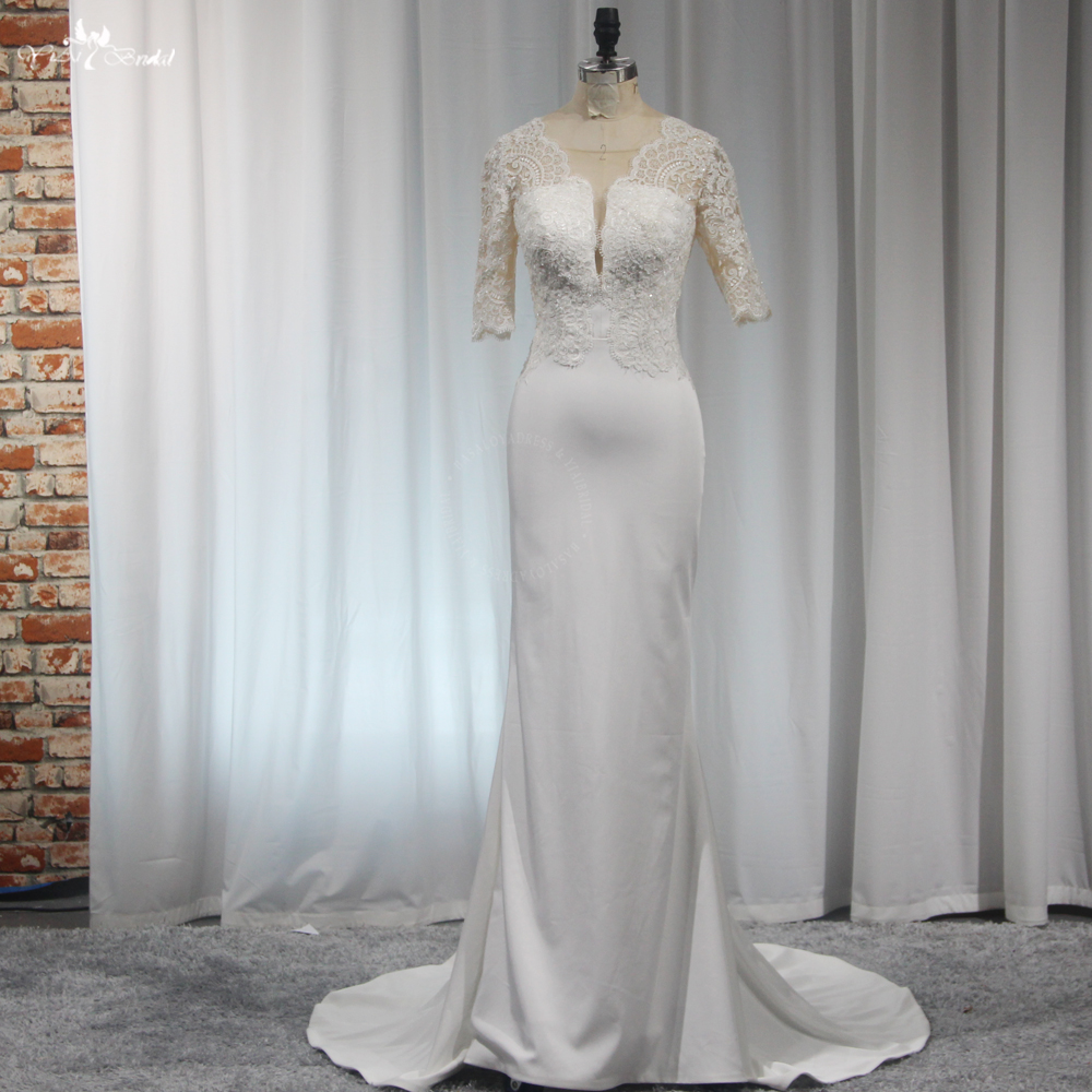 RSW2049 Crepe Half Sleeves Illusion Back Plunging Neckline Lace Sheath Wedding Dress 6