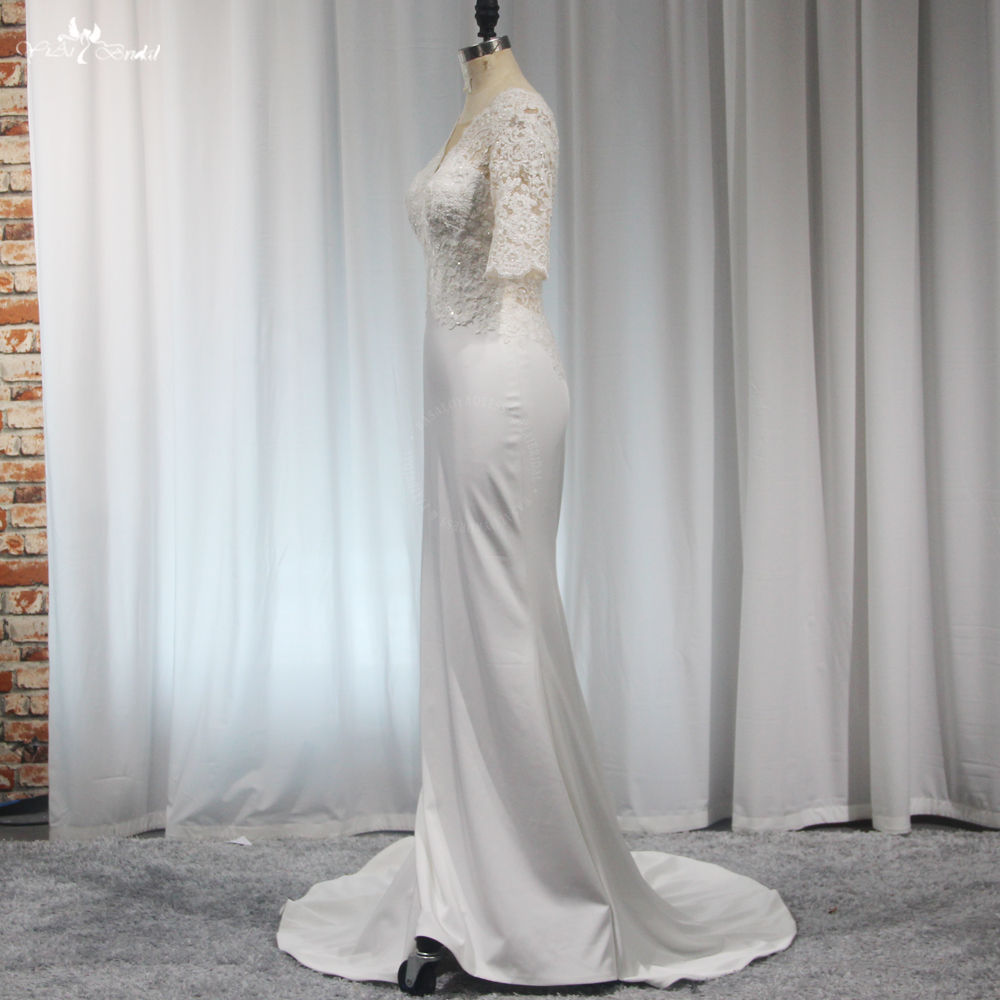 RSW2049 Crepe Half Sleeves Illusion Back Plunging Neckline Lace Sheath Wedding Dress 7