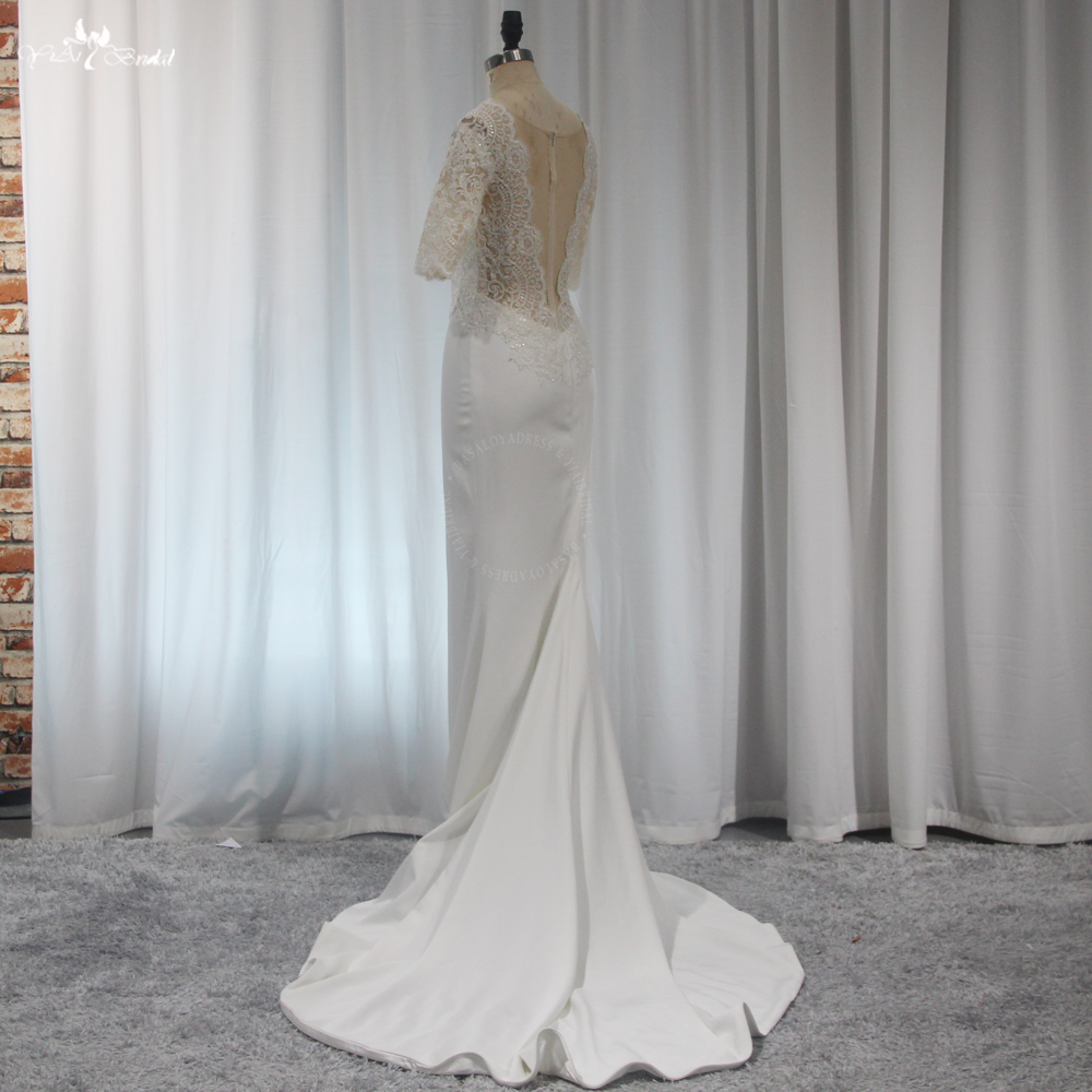 RSW2049 Crepe Half Sleeves Illusion Back Plunging Neckline Lace Sheath Wedding Dress 9