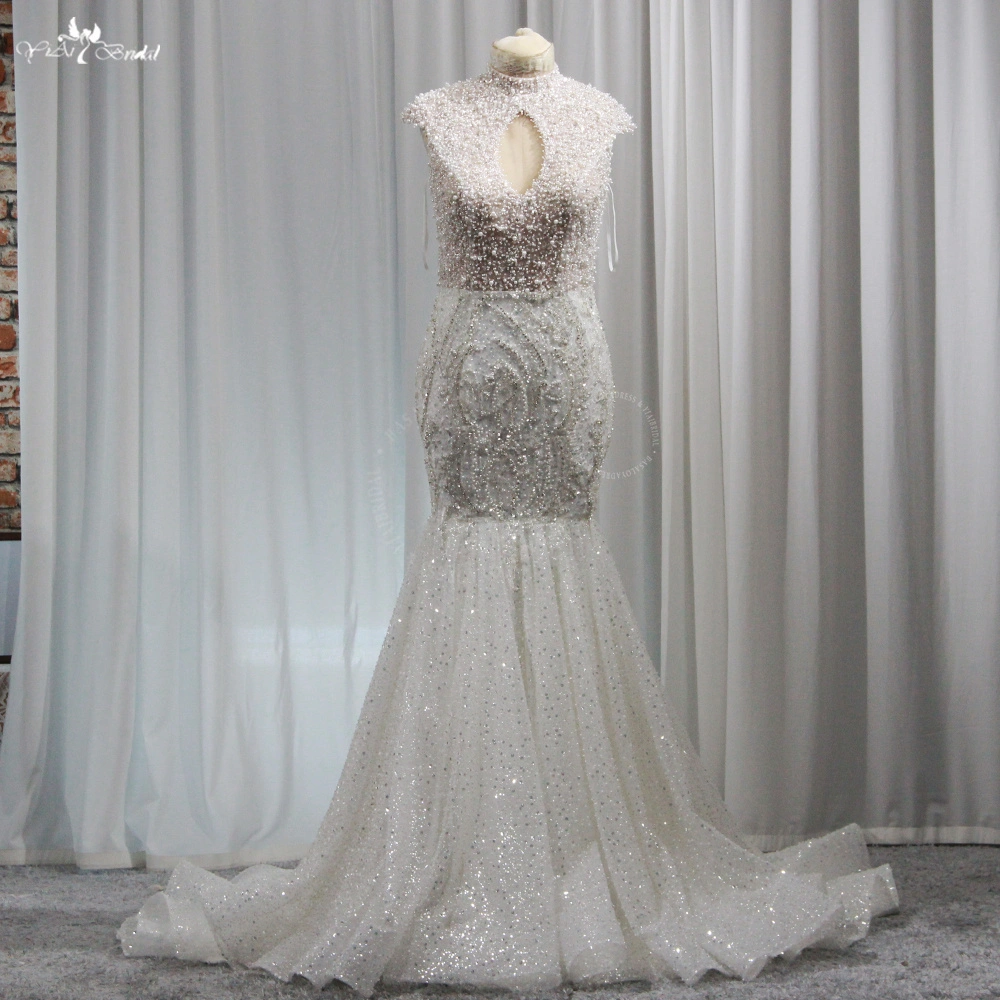 RSW1943 فاخر سباركلي كريستال اللؤلؤ فساتين لحضور الحفلات الموسيقية حورية البحر عالية العنق ثقب المفتاح المرأة العربية كوتور فستان الزفاف 1