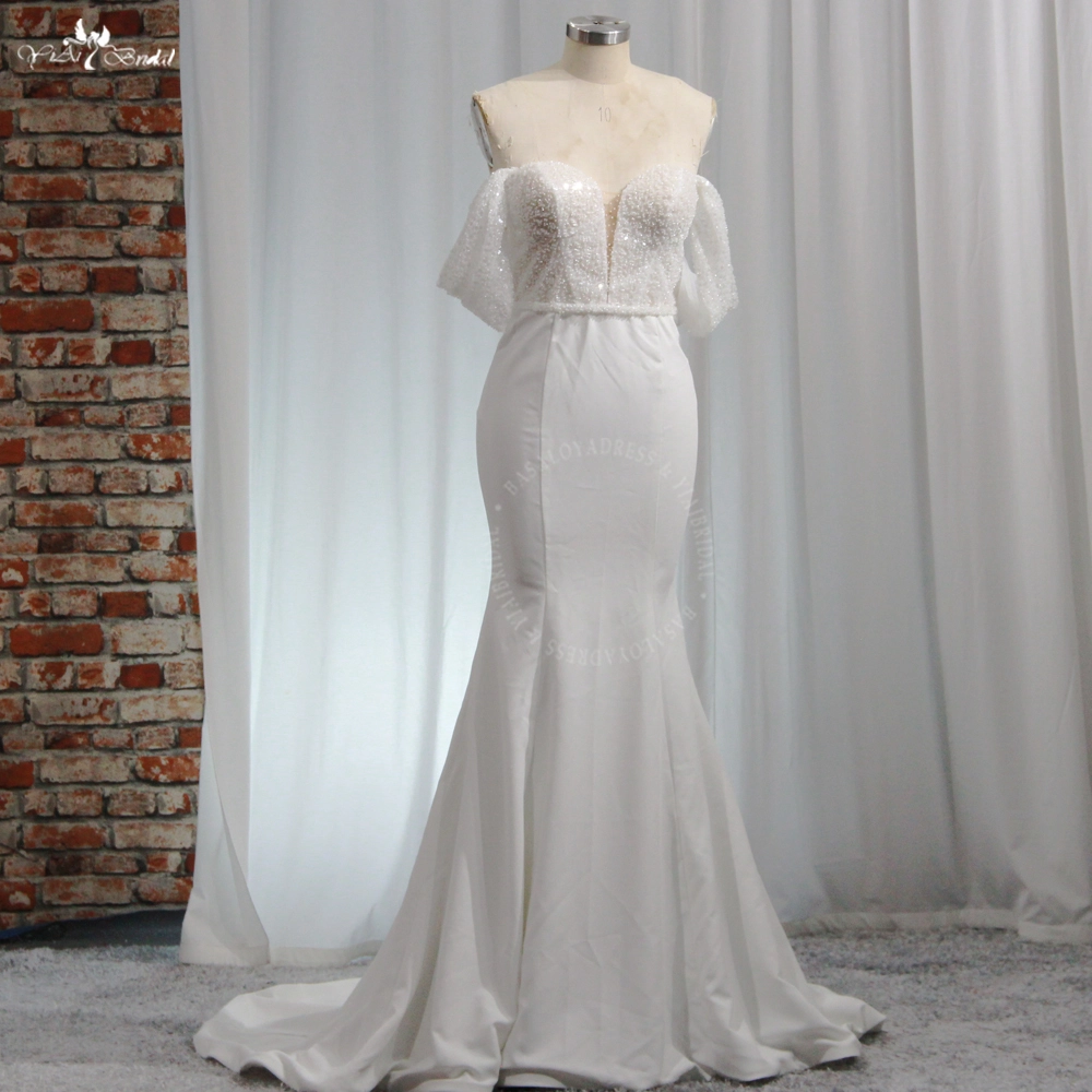 RSW1958 Simple Elegant Pearls Beading Off Shoulder Sleeves Crepe Mermaid Wedding Dress Bridal Gowns 1