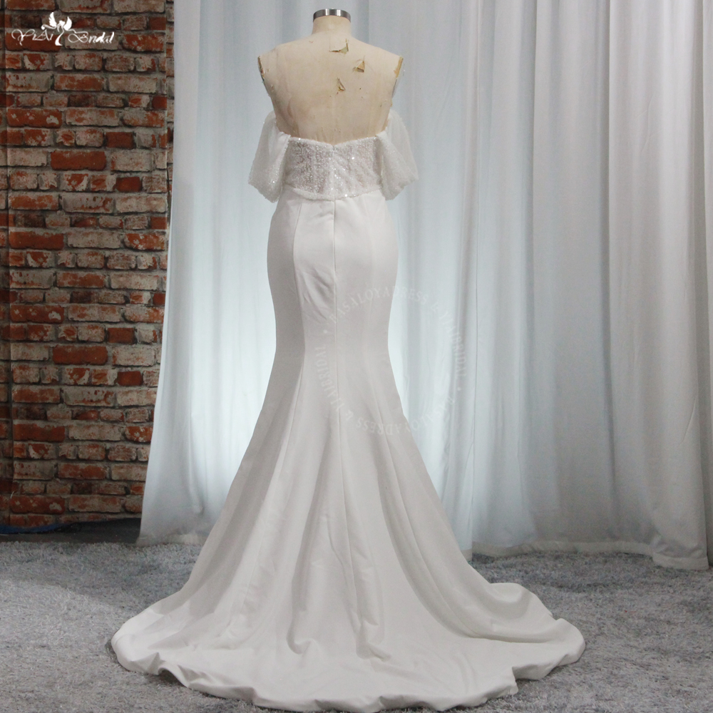 RSW1958 Simple Elegant Pearls Beading Off Shoulder Sleeves Crepe Mermaid Wedding Dress Bridal Gowns 6