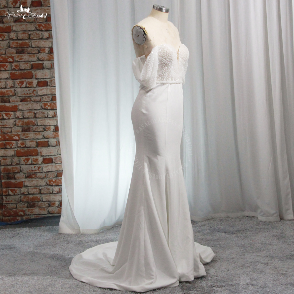 RSW1958 Simple Elegant Pearls Beading Off Shoulder Sleeves Crepe Mermaid Wedding Dress Bridal Gowns 7