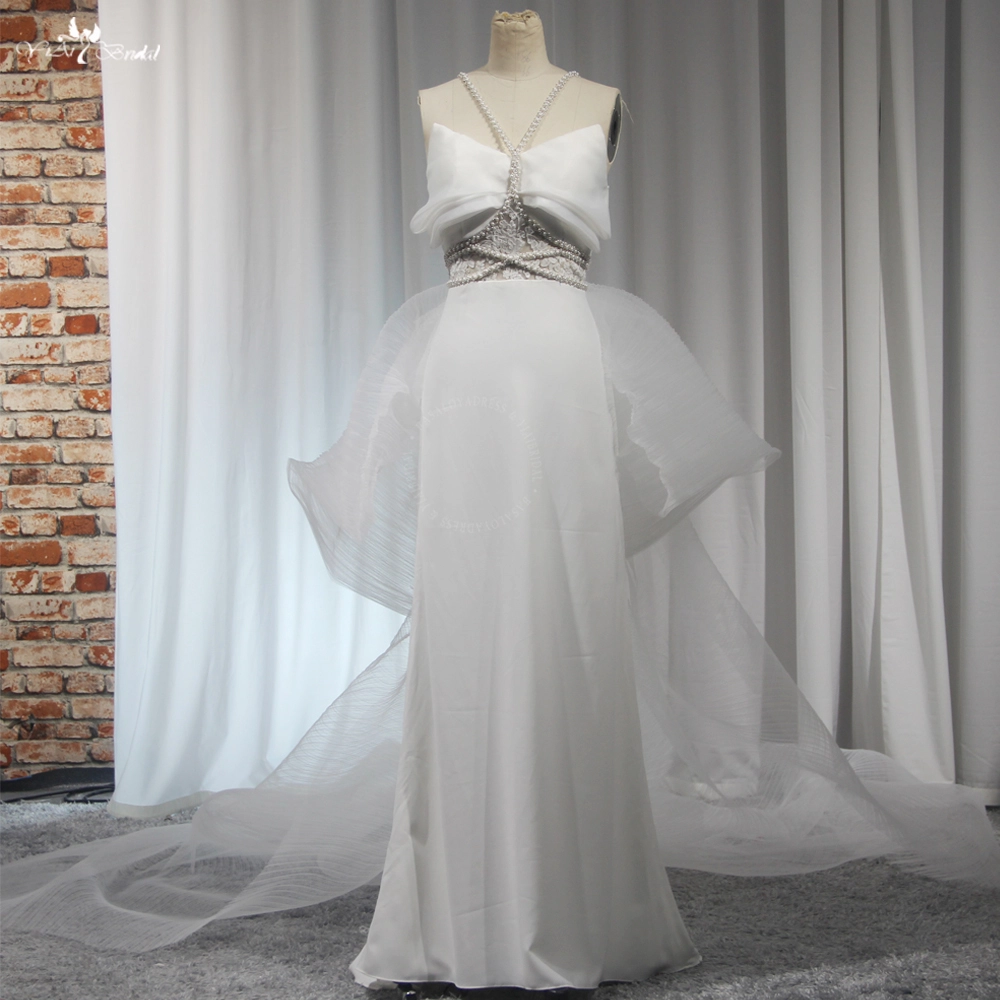 RSW2040 Unique Designs Halter Pearls Neckline Folded Chest Boho Wedding Dress With Large Fluffy Bow Couture Wedding 1