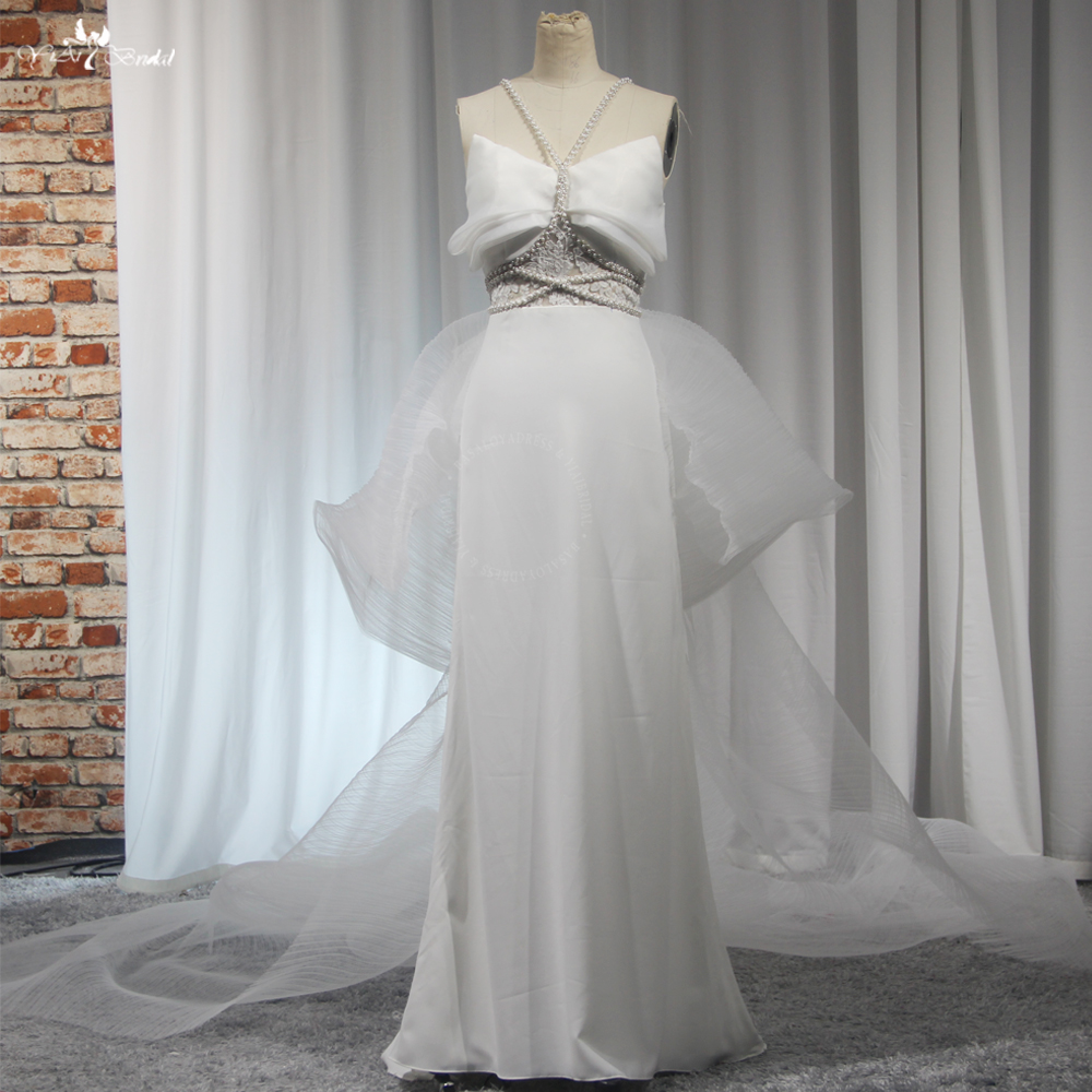 RSW2040 Unique Designs Halter Pearls Neckline Folded Chest Boho Wedding Dress With Large Fluffy Bow Couture Wedding 8