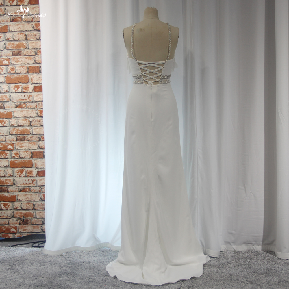 RSW2040 Unique Designs Halter Pearls Neckline Folded Chest Boho Wedding Dress With Large Fluffy Bow Couture Wedding 11