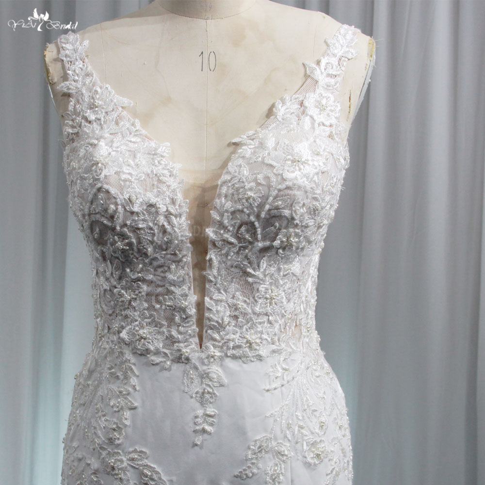 Glamorous Cut-out Train Sleeveless V Neck Mermaid Fit and Flare Crepe Wedding Dress RSW1959 White Lace Appliques Bridal 8