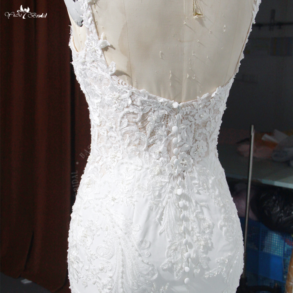 Glamorous Cut-out Train Sleeveless V Neck Mermaid Fit and Flare Crepe Wedding Dress RSW1959 White Lace Appliques Bridal 9