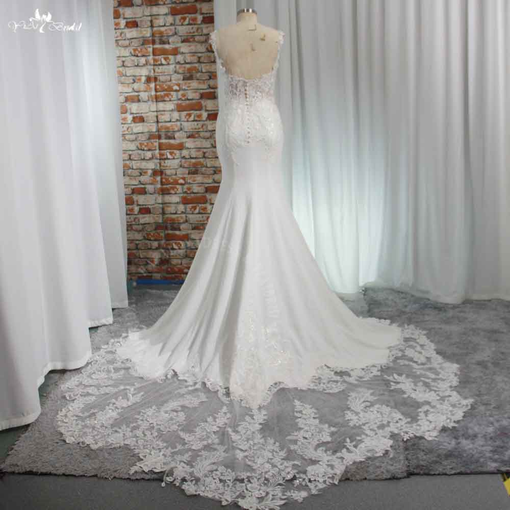 Glamorous Cut-out Train Sleeveless V Neck Mermaid Fit and Flare Crepe Wedding Dress RSW1959 White Lace Appliques Bridal 11