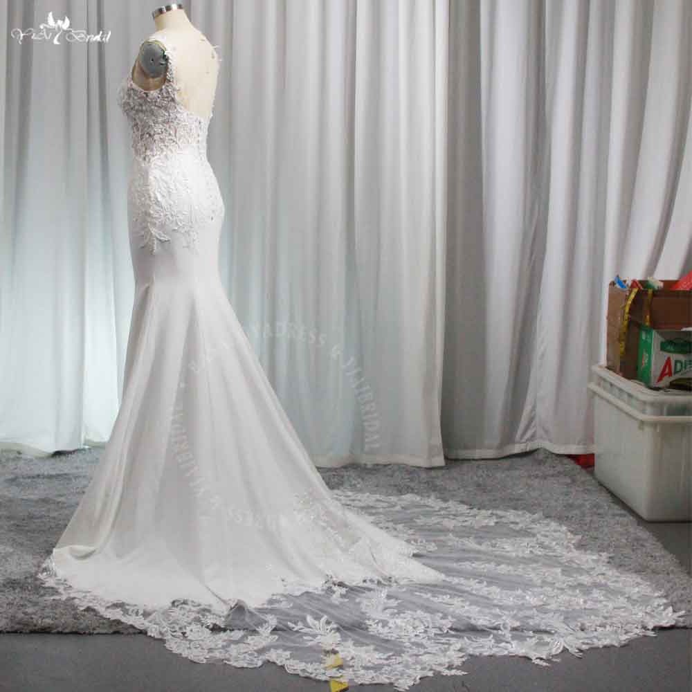 Glamorous Cut-out Train Sleeveless V Neck Mermaid Fit and Flare Crepe Wedding Dress RSW1959 White Lace Appliques Bridal 10