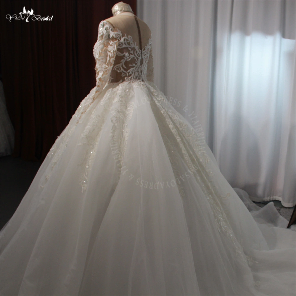 【新品】ホワイトレースウェディングドレス RSW2165 Luxury Ball Gown Sexy Sheer V Neck Sparkly Long Sleeves