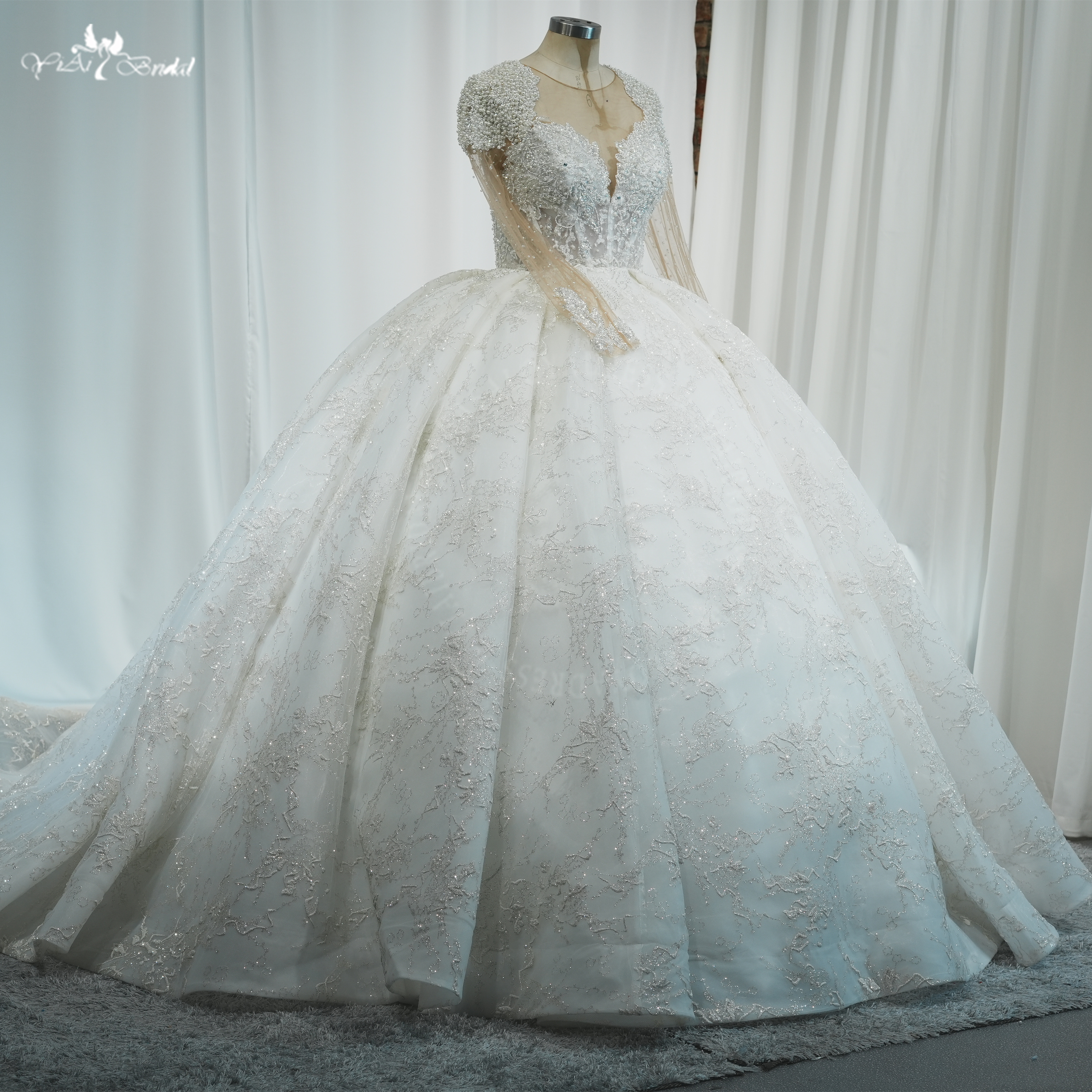 صور حقيقية لثوب زفاف فاخر لامع من الدانتيل العاجي مطرز بالخرز RSW2186 فساتين زفاف رسمية بأكمام طويلة للأميرة 11