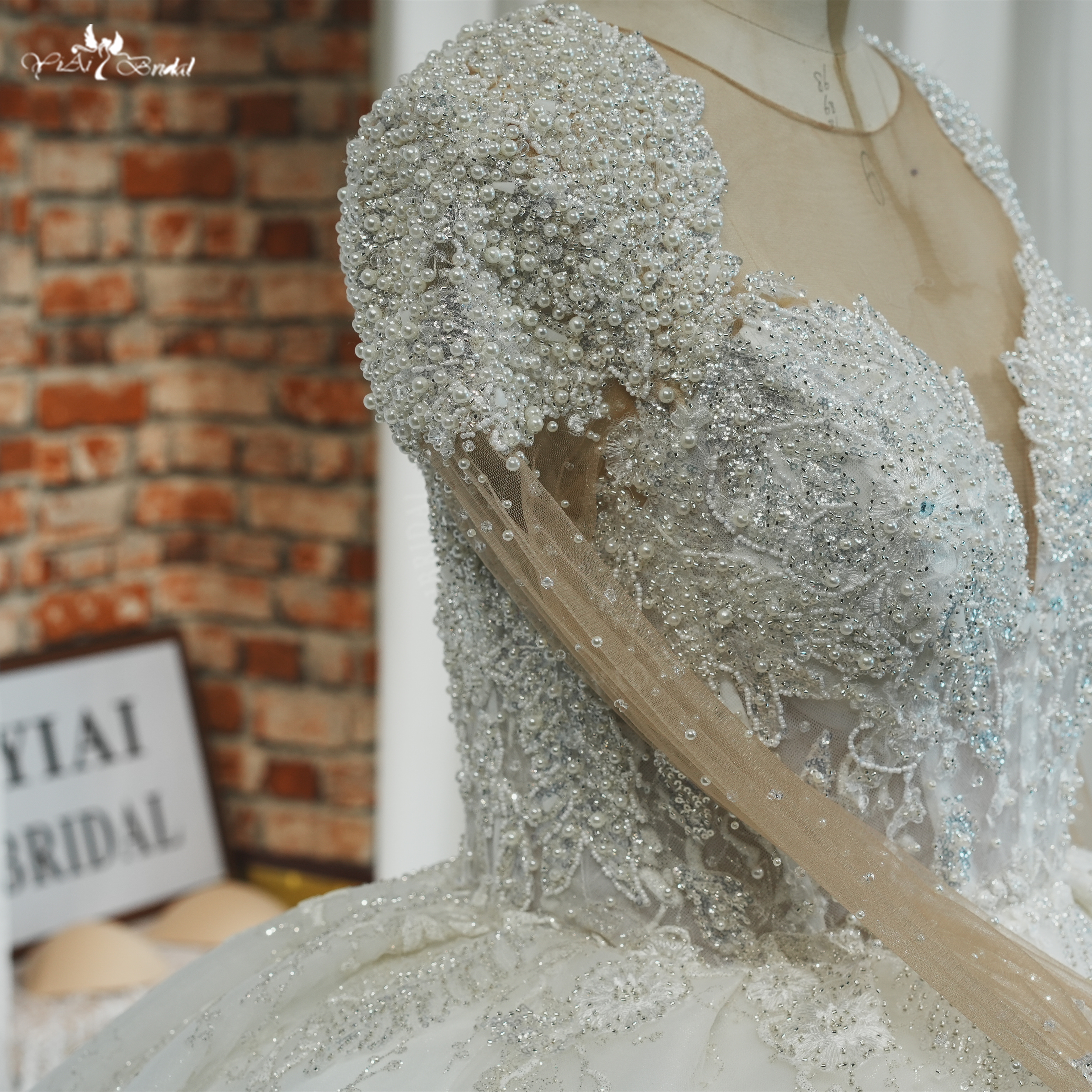 صور حقيقية لثوب زفاف فاخر لامع من الدانتيل العاجي مطرز بالخرز RSW2186 فساتين زفاف رسمية بأكمام طويلة للأميرة 12