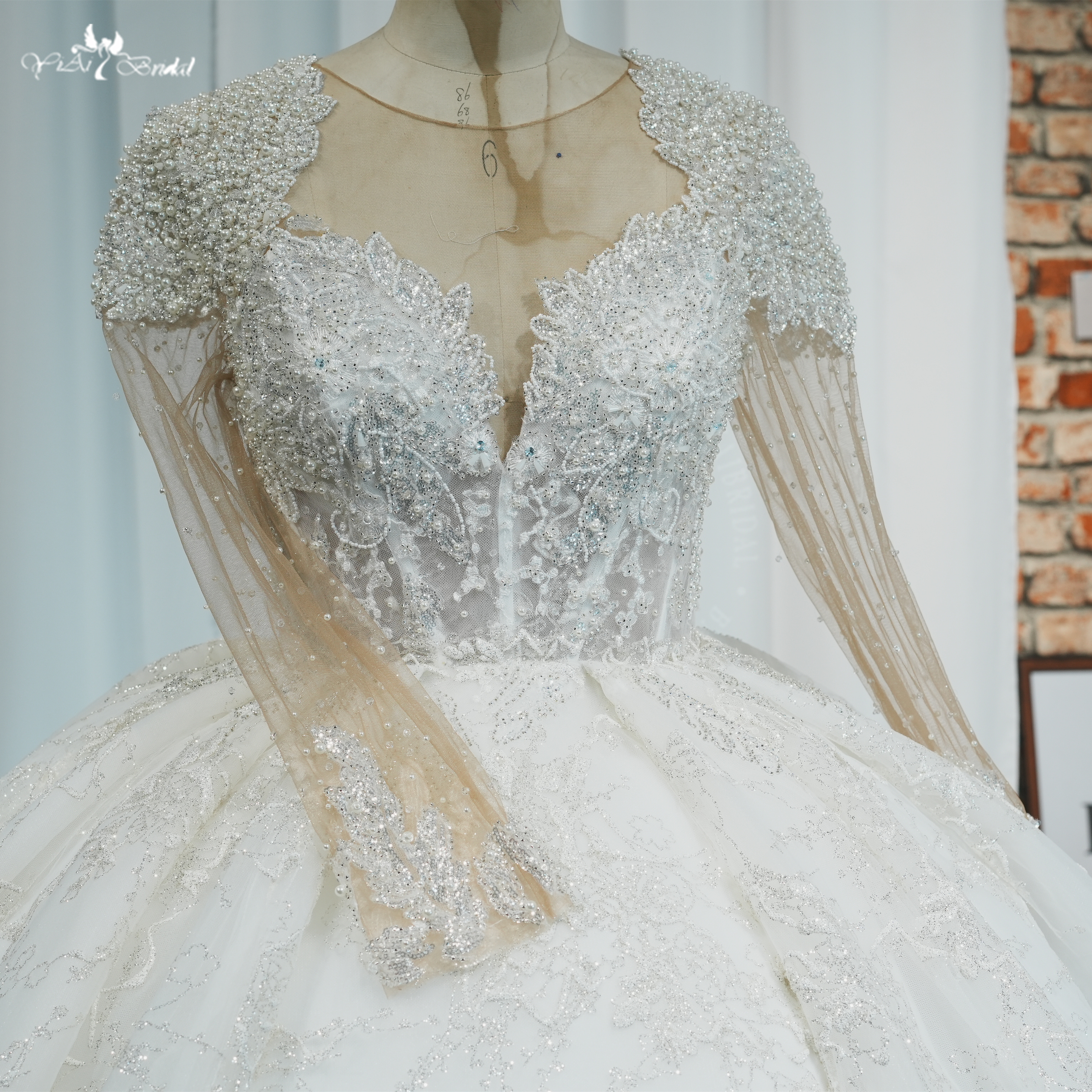 صور حقيقية لثوب زفاف فاخر لامع من الدانتيل العاجي مطرز بالخرز RSW2186 فساتين زفاف رسمية بأكمام طويلة للأميرة 13