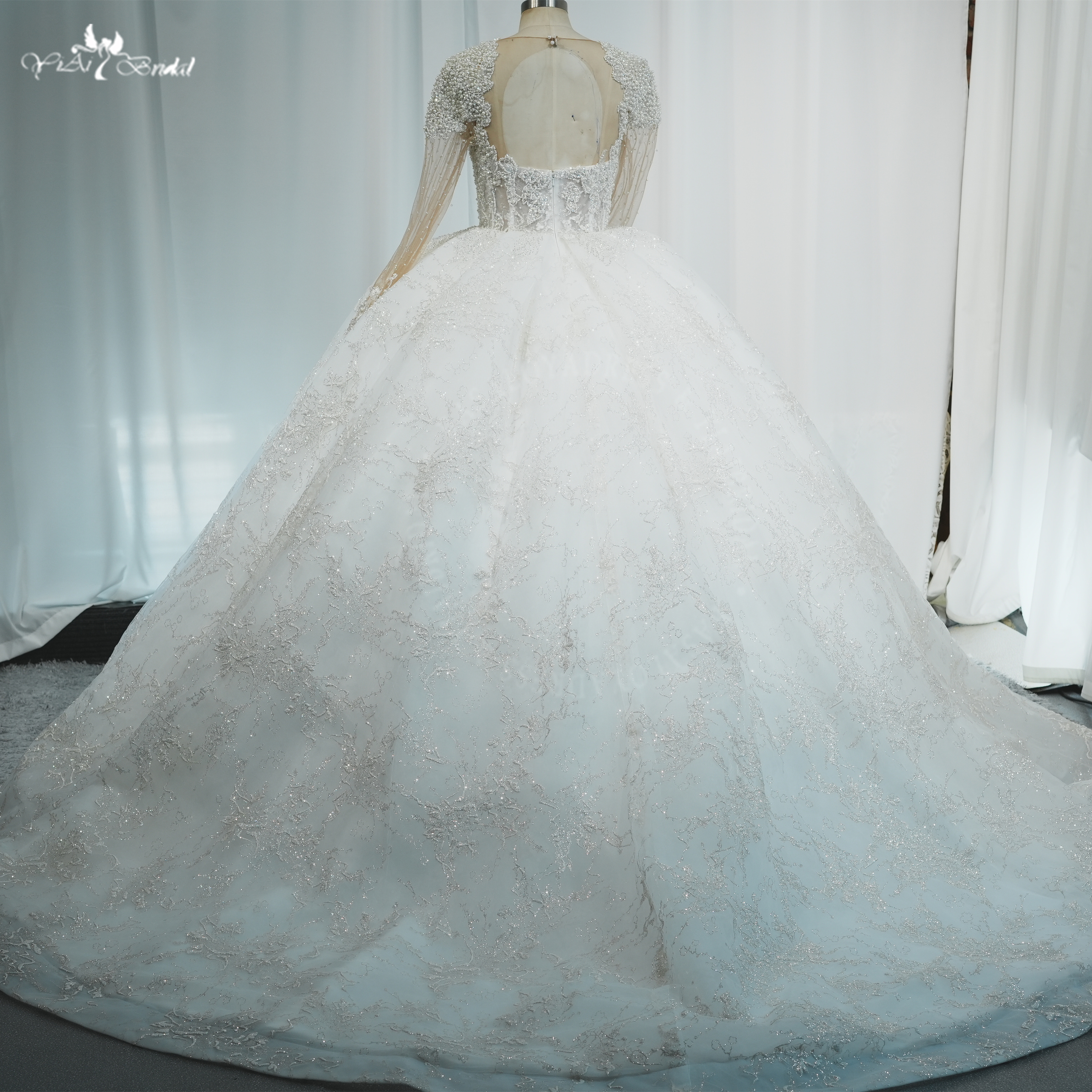 صور حقيقية لثوب زفاف فاخر لامع من الدانتيل العاجي مطرز بالخرز RSW2186 فساتين زفاف رسمية بأكمام طويلة للأميرة 14