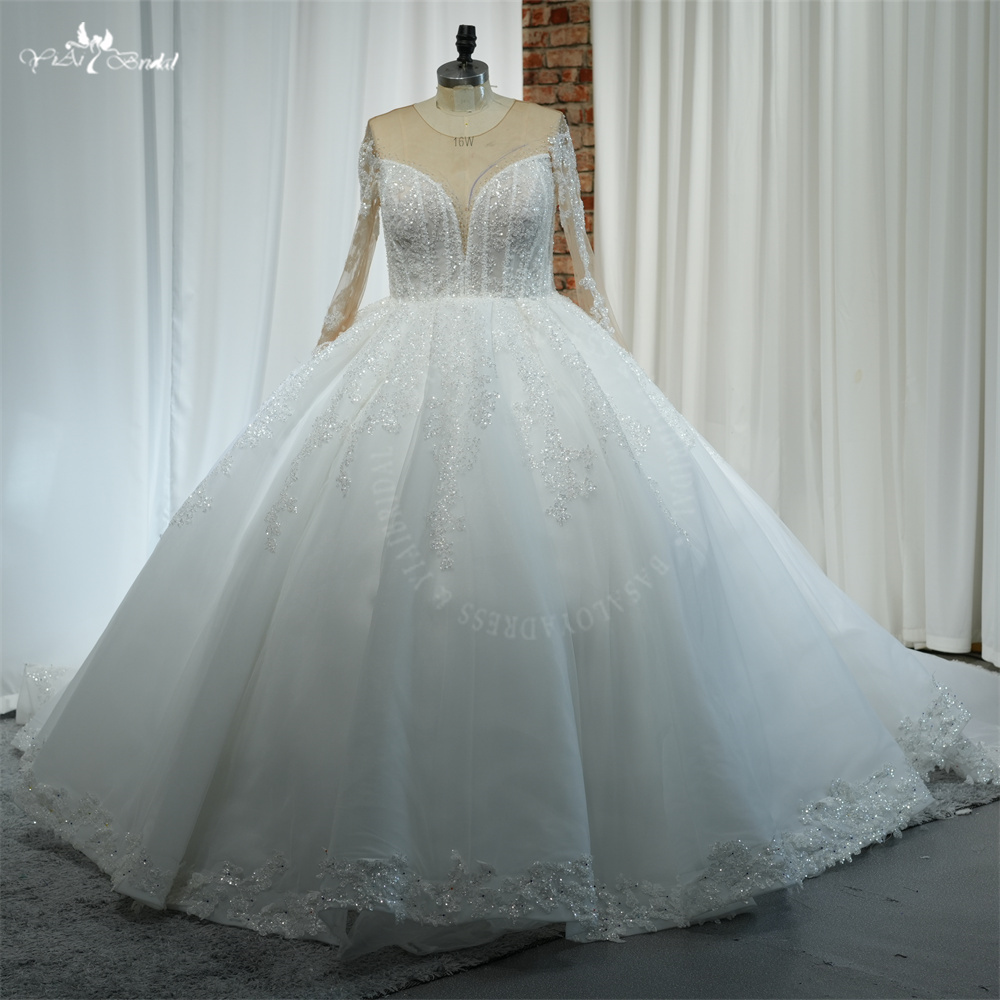 RSW2124 Wholesale Luxury Glitters Sequin Lace Shine Bling Plus Size Women Plunging V-Neck Long Sleeves Wedding dress 8