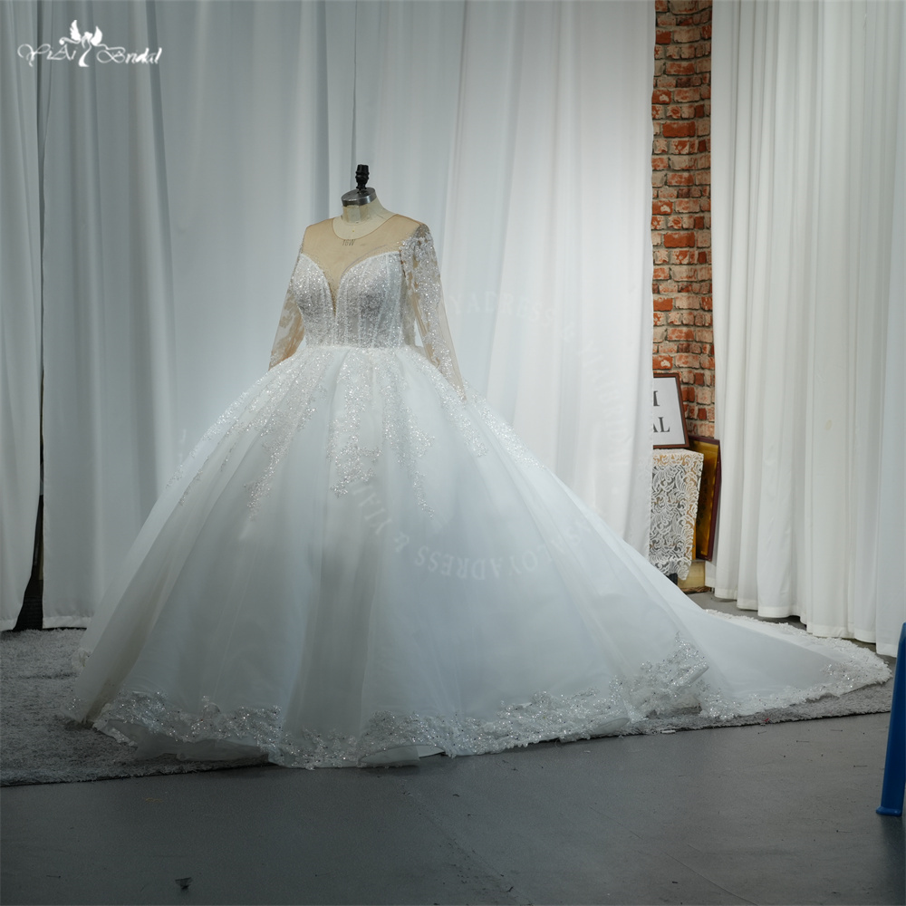 RSW2124 Wholesale Luxury Glitters Sequin Lace Shine Bling Plus Size Women Plunging V-Neck Long Sleeves Wedding dress 9