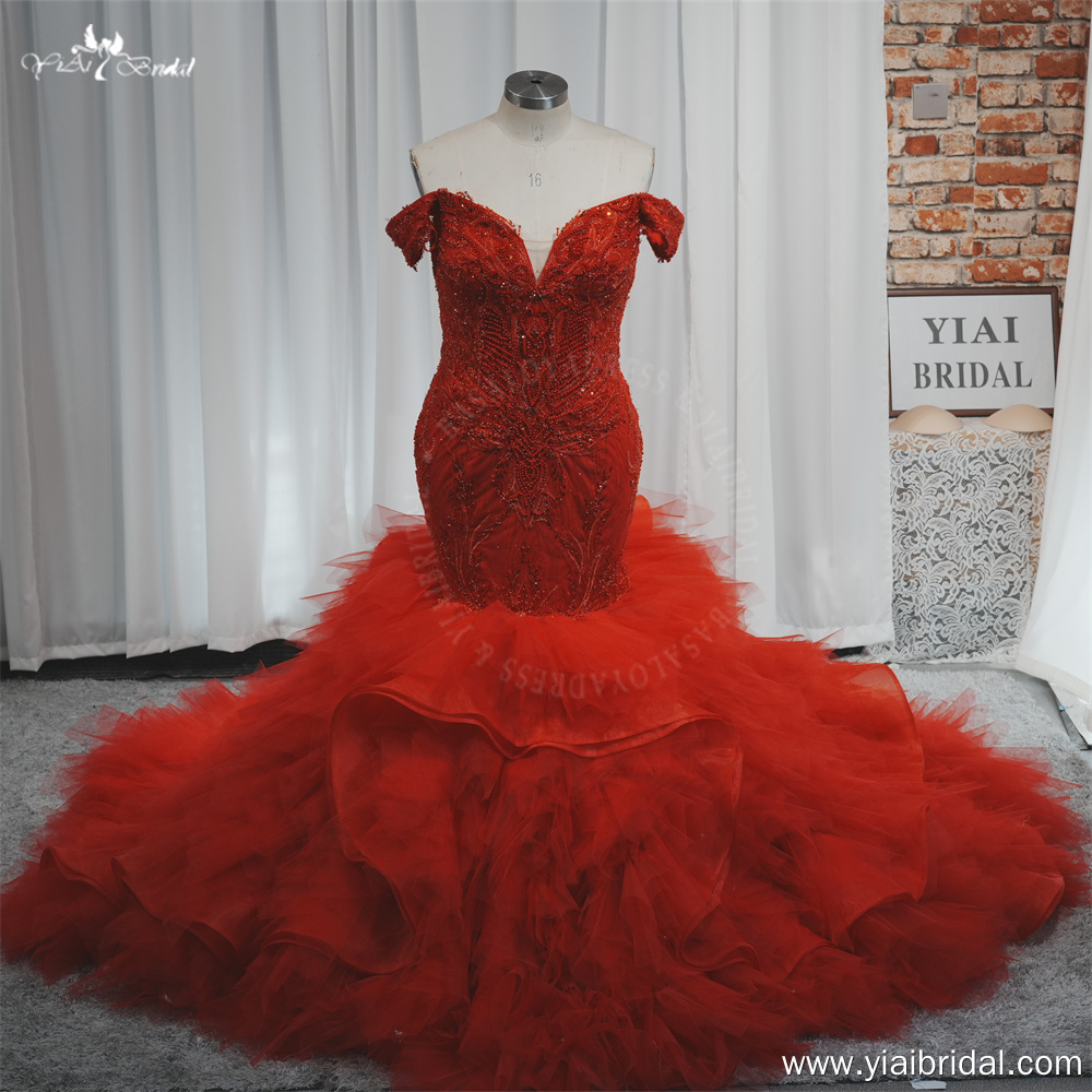 Luxury Off Shoulder Arabic Red Tulle Ruffles Mermaid Wedding Dress RSW2179 Beaded Crystals Reception Engagement Gowns 10