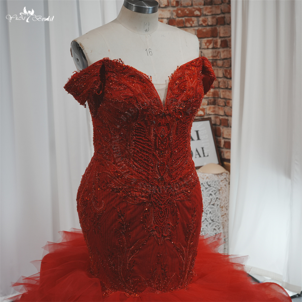 Luxury Off Shoulder Arabic Red Tulle Ruffles Mermaid Wedding Dress RSW2179 Beaded Crystals Reception Engagement Gowns 11