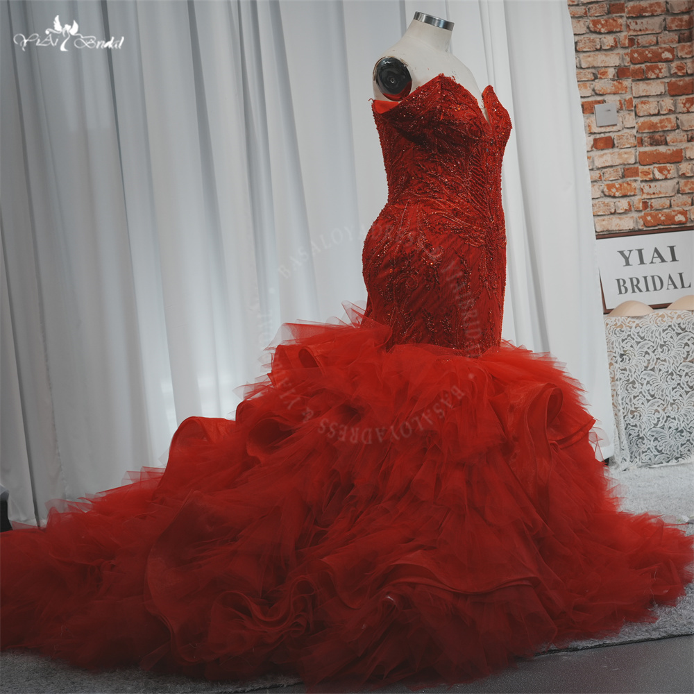 Luxury Off Shoulder Arabic Red Tulle Ruffles Mermaid Wedding Dress RSW2179 Beaded Crystals Reception Engagement Gowns 13