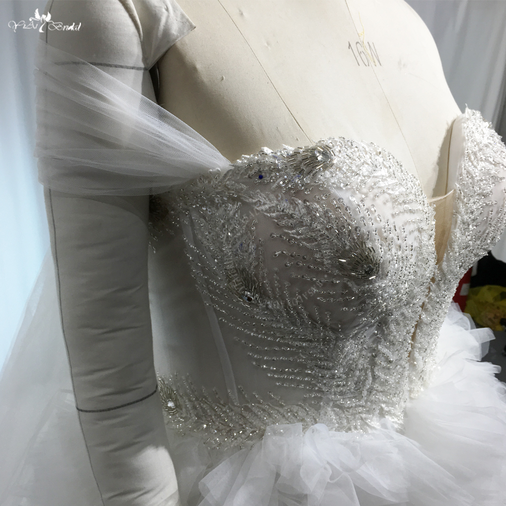 RSW1989 Lüks Muhteşem Gelinlik Butik Artı Boyutu Kapalı Omuzlar Tül Ruffles Kabarık Etek Yarık Açık Bacak ile 12