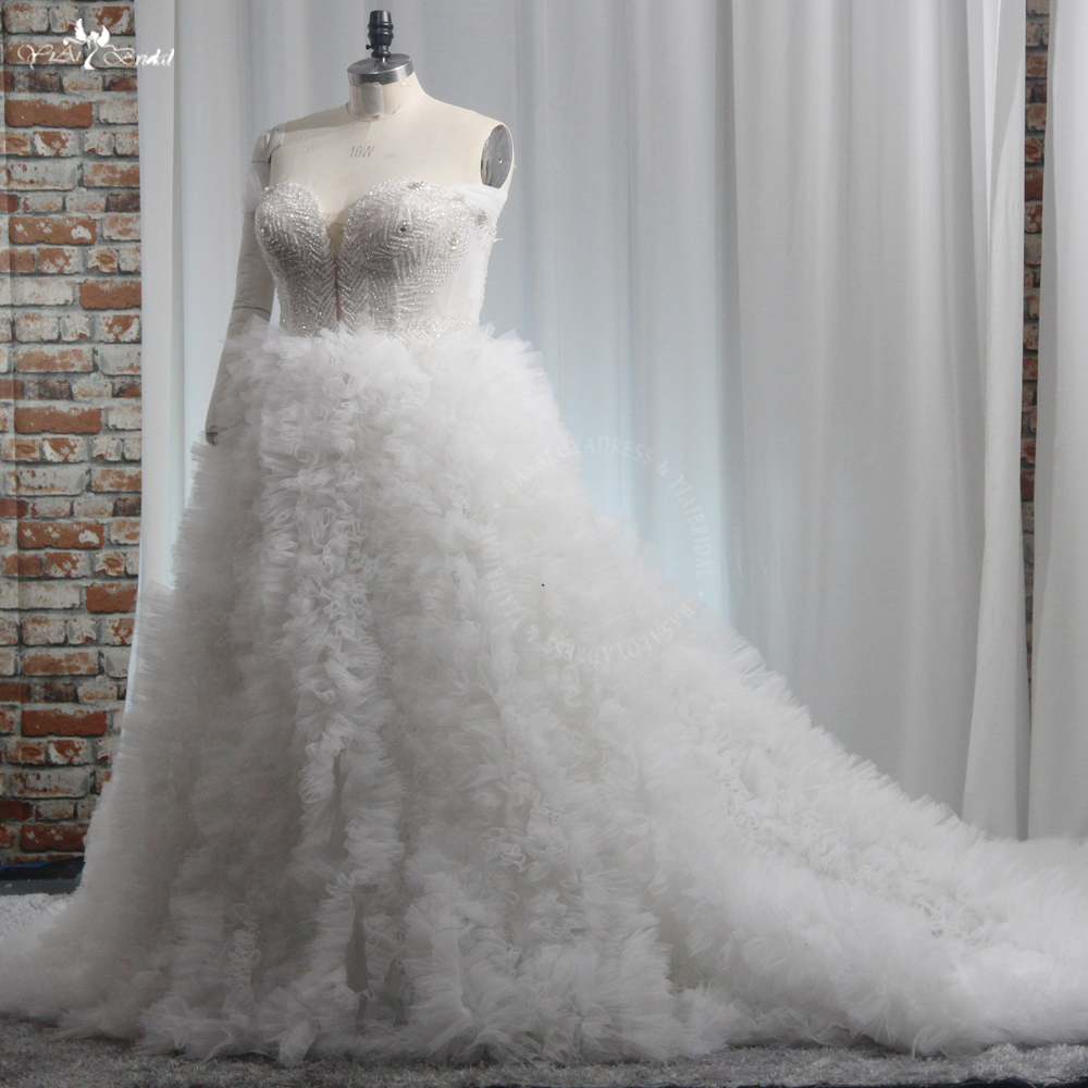 RSW1989 Lüks Muhteşem Gelinlik Butik Artı Boyutu Kapalı Omuzlar Tül Ruffles Kabarık Etek Yarık Açık Bacak ile 10