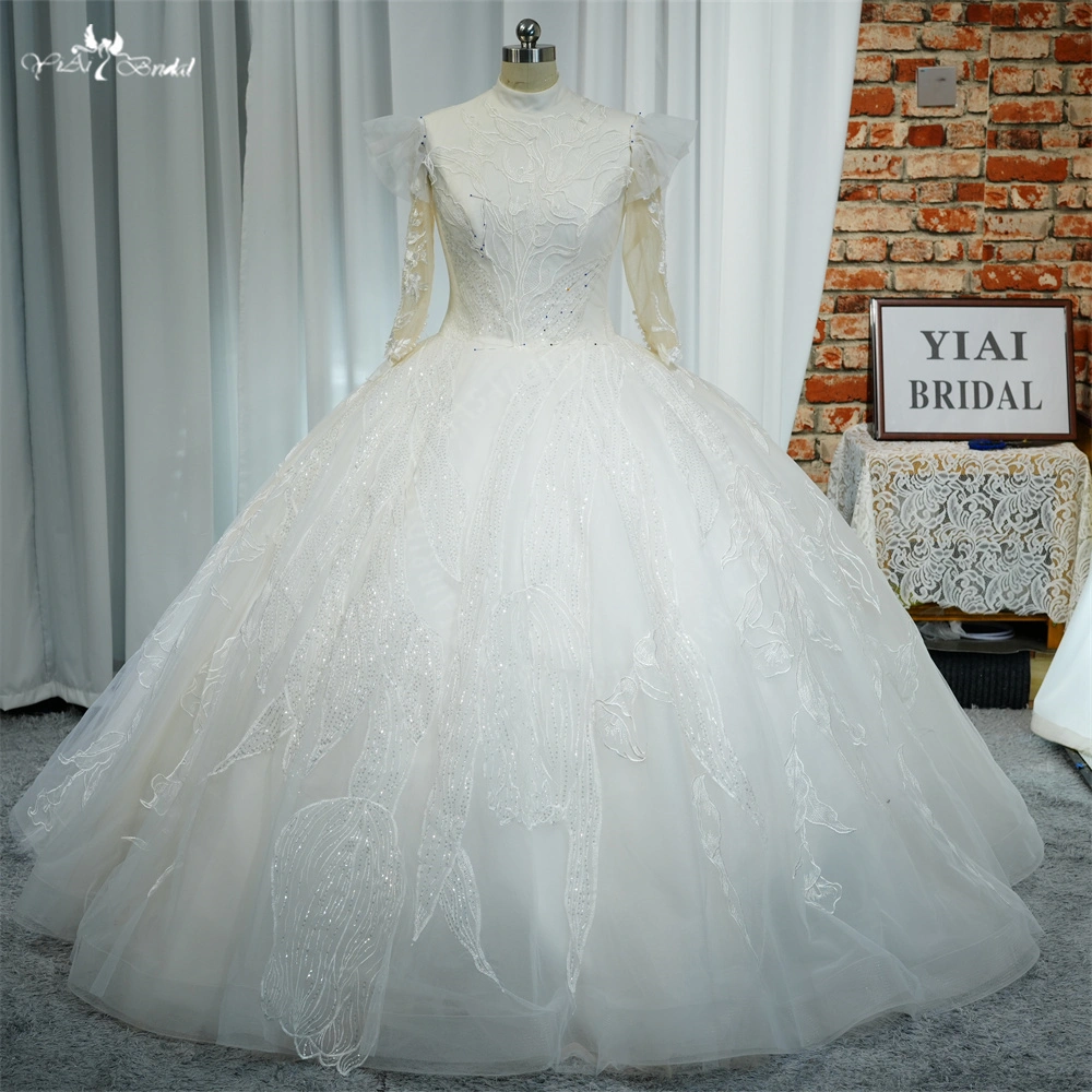 RSW2120 Yiaibridal Factory Real Photos New Modest Long Sleeves High Neck Ball Gown Tulip Lace Pattern Muslim Wedding Dre 1