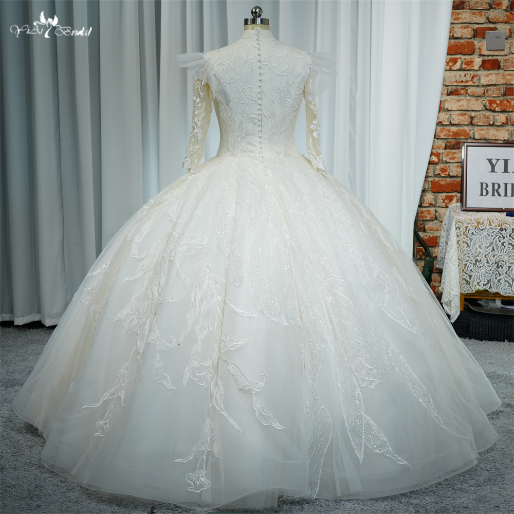 RSW2120 Yiaibridal Factory Real Photos New Modest Long Sleeves High Neck Ball Gown Tulip Lace Pattern Muslim Wedding Dre 9