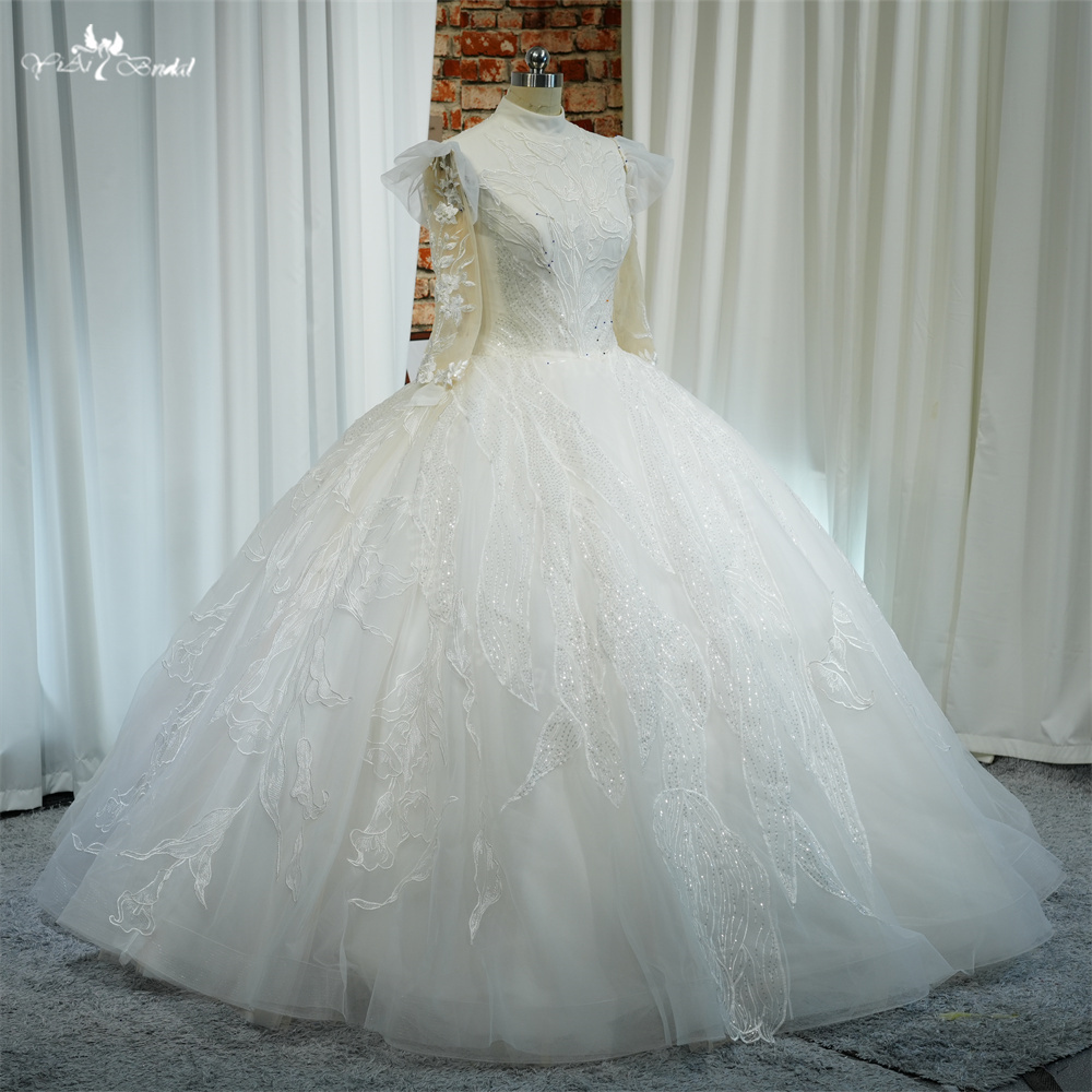 RSW2120 Yiaibridal Factory Real Photos New Modest Long Sleeves High Neck Ball Gown Tulip Lace Pattern Muslim Wedding Dre 8