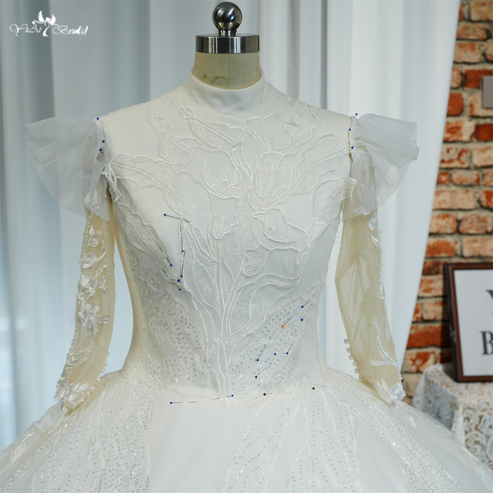 RSW2120 Yiaibridal Factory Real Photos New Modest Long Sleeves High Neck Ball Gown Tulip Lace Pattern Muslim Wedding Dre 10