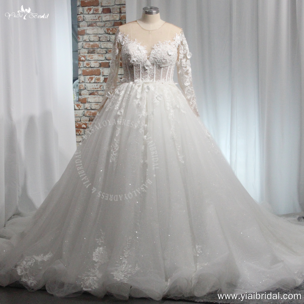 Uzun Kollu Sevgili Dantel Aplike 3D Çiçekler Büyük Beden Gelinlik RSW2011 Prenses Balo Gelinlik 9