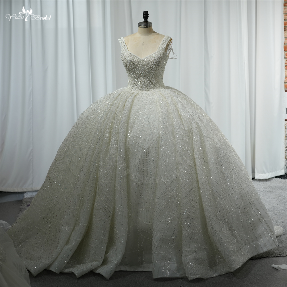 Gerçek Fotoğraflar Fabrika çıkışı Boncuklu Parıldayan Dantel V Yaka Askılı RSW2106 Parıldayan Prenses Balo Elbisesi Düğün 11