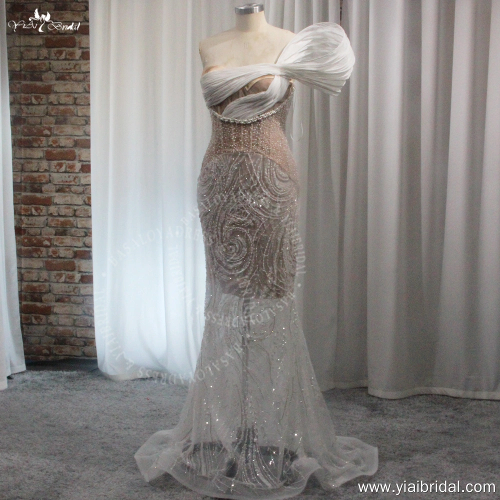 RSW2022 One Shoulder Pleated Lace Sheer Nude Lining Sheath Wedding dress 1