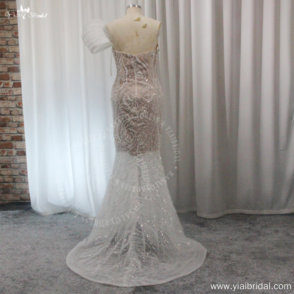 RSW2022 One Shoulder Pleated Lace Sheer Nude Lining Sheath Wedding dress 8