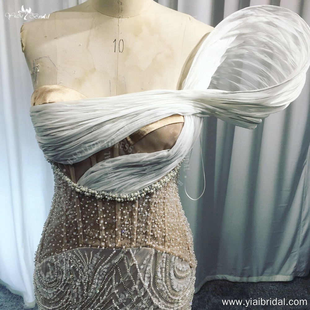 RSW2022 One Shoulder Pleated Lace Sheer Nude Lining Sheath Wedding dress 10