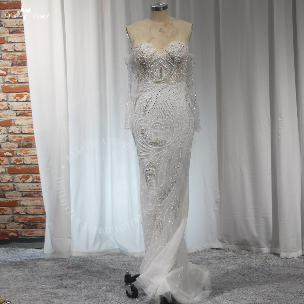 RSW2043 Luxury Heavy Crystal Hand Beading Fitting Sheath Wedding Party Dress Sweetheart Off Shoulder Long Sleeves 10